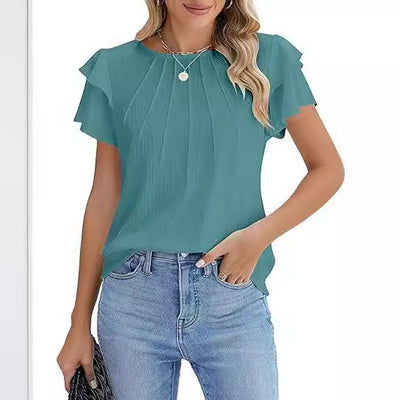 Blusa Ejecutiva Plisada de Manga Corta Cuello Redondo - Image 3