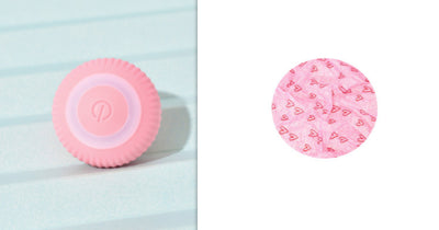Pink round electronic cat toy with power symbol and a circular cat play mat with cartoon animals and pink border. - Image 16