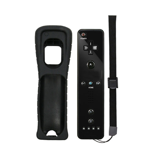 Black Wii wireless gamepad with a matching silicone protective case and wrist strap on a white background. - Image 5