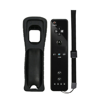 Black Wii wireless gamepad with a matching silicone protective case and wrist strap on a white background. - Image 5