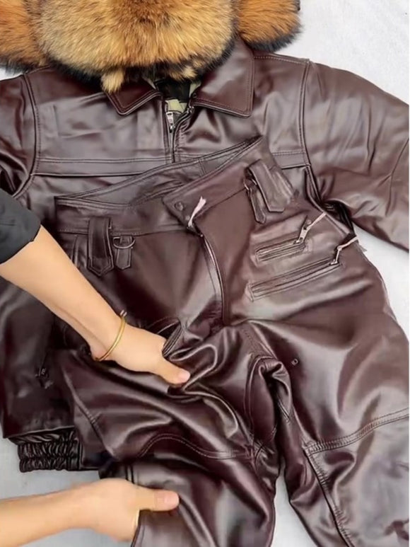 Pantalón de Cuero Gamuza Marrón Corte Holgado Efecto Estilizador