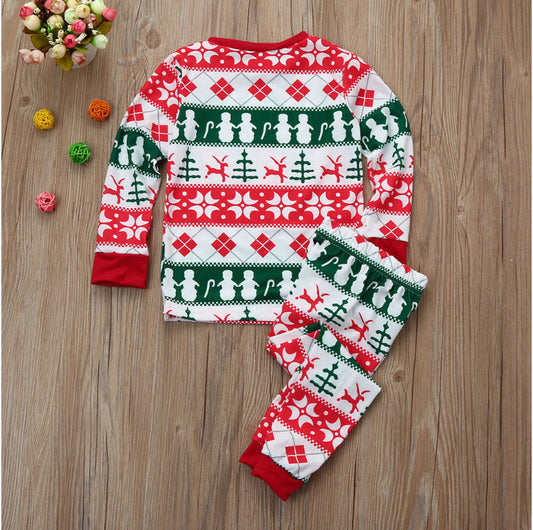 Christmas long-sleeved pajama set with red, green, and white fair isle print featuring snowmen, reindeer, and trees. - Image 2