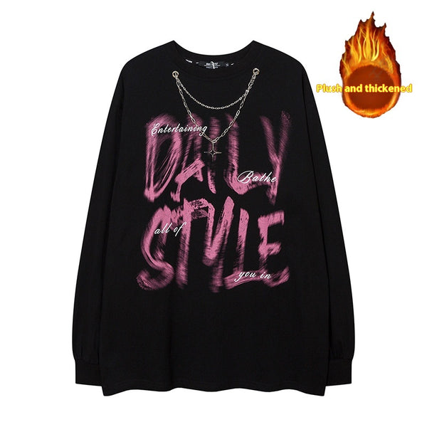 Playera Manga Larga Hip Hop con Letras Fuzzy y Cadena para Hombre