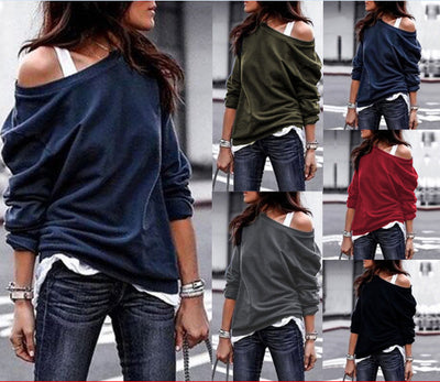 Playera Casual de Cuello Oblicuo y Manga Larga para Otoño e Invierno