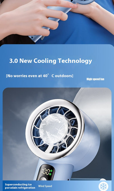 Obsidian black handheld fan with gold accents, digital display, and semiconductor ice cooling for high-speed cool air. - Image 16