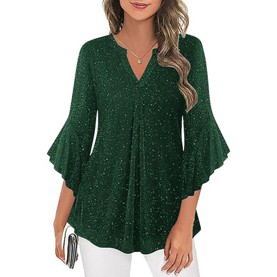 Blusa Suelta de Malla Plateada con Cuello V y Mangas 3/4 Pétalos - Image 8