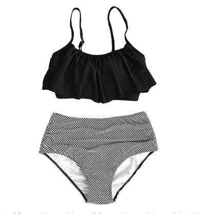 Women's black ruffled tankini swim top with adjustable straps and high-waisted black and white striped swim bottoms. - Image 19