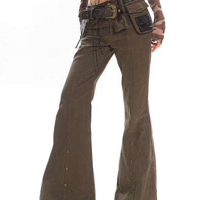 Pantalones Acampanados Denim Negro Lavado con Diseño Militar Verde Ejército - Image 3