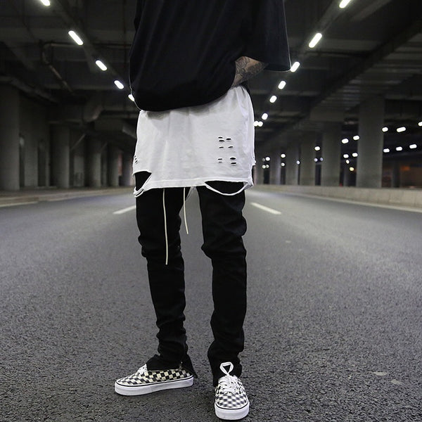 Pantalones Slim Elásticos con Cierre y Detalle de Cuerda de Cuero