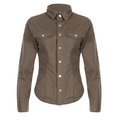 Camisa Denim Slim Fit con Solapa Plisada para Mujer - Image 6