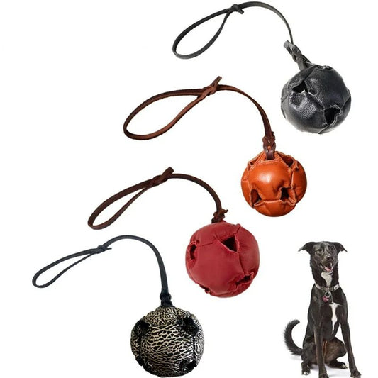 Pelota de Entrenamiento en Cuero con Asa para Perros - Juguete Mordedor Resistente
