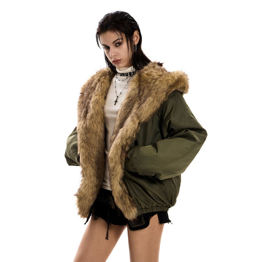 Parka Holgada con Capucha y Cuello de Pelaje para Mujer - Image 5