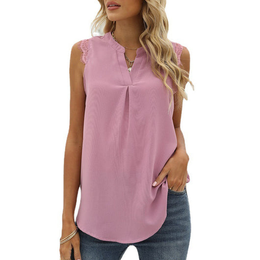 Blusa Suelta Escote V sin Mangas con Encaje de Color Sólido - Image 20