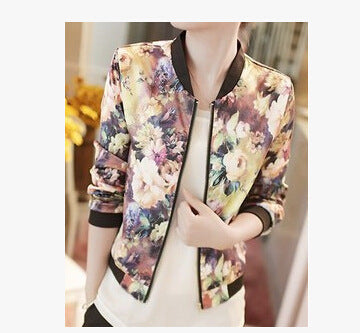 Chaqueta Corta Floral Estampada con Cuello de Pie y Cierre de Cremallera para Mujer