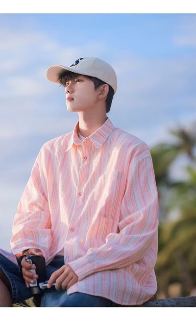 Camisa de Manga Larga Protección Solar Holgada a Rayas para Hombre - Image 19