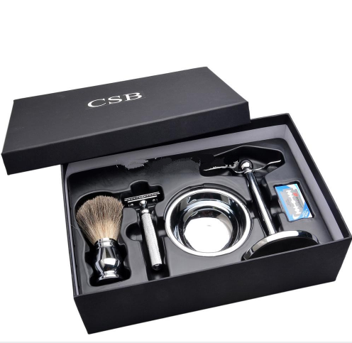 Set Completo de Afeitado Clásico con Navaja de Seguridad, Brocha de Pelo de Tejón y Accesorios