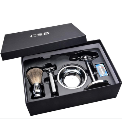 Set Completo de Afeitado Clásico con Navaja de Seguridad, Brocha de Pelo de Tejón y Accesorios