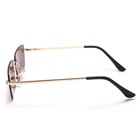 Frameless rectangular sunglasses with pink gradient lenses, gold-tone metal arms, and rhinestone embellishments. - Image 6