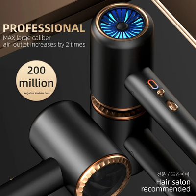 Gray professional hair dryer with a blue fan, 1875W, shown with a US 110V plug and a rotating air collector nozzle. - Image 15