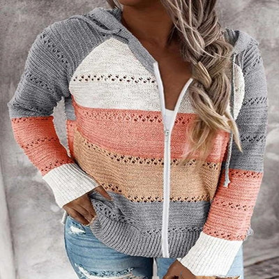 Suéter Hoodie Rayado con Paneles y Cierre