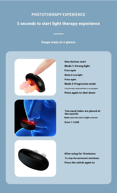 Black intelligent infrared nasal relief device with two translucent nasal probes, shown at an angle. - Image 9
