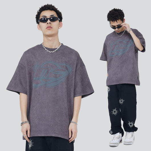 Playera Holgada Hip-hop Unisex con Estampado de Letras en Terciopelo Sintético - Image 3
