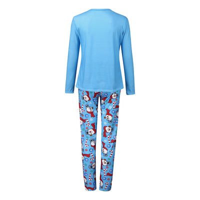 Christmas parent-child long sleeve pajamas with a snowman graphic on grey and blue tops, and patterned pants. - Image 4