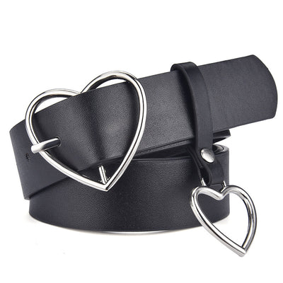 Black imitation leather belt with a silver heart-shaped pin buckle and a dangling heart charm. - Image 5