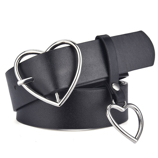 Black imitation leather belt with a silver heart-shaped pin buckle and a dangling heart charm. - Image 5