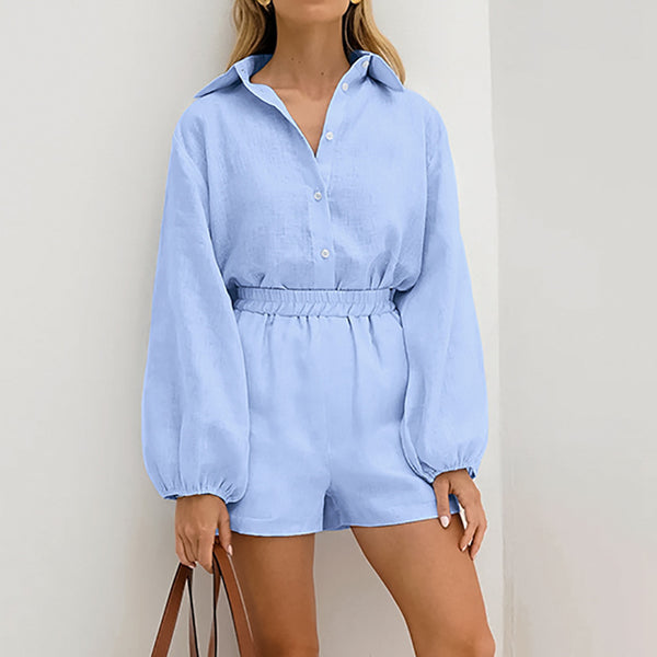 Conjunto Dos Piezas: Camisa Azul de Algodón Manga Larga y Shorts - Image 3