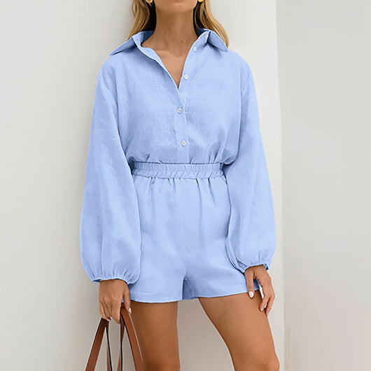 Conjunto Dos Piezas: Camisa Azul de Algodón Manga Larga y Shorts - Image 3