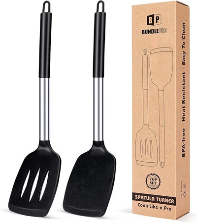 Pack of 2 Silicone Solid Turner, Non Stick Slotted Kitchen Spatulas, High Heat Resistant BPA Free Cooking Utensils, Ideal Cookware for Fish, Eggs, Pancakes(Black) - Tekeno