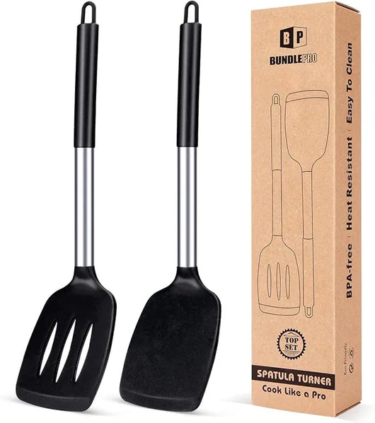 Pack of 2 Silicone Solid Turner, Non Stick Slotted Kitchen Spatulas, High Heat Resistant BPA Free Cooking Utensils, Ideal Cookware for Fish, Eggs, Pancakes(Black) - Tekeno