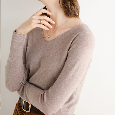 Suéter Suelto Cuello V Mujer Manga Larga Color Sólido - Image 10