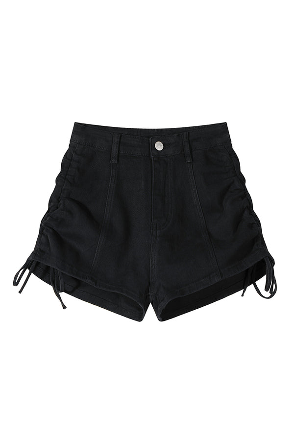 Shorts Denim Cintura Alta con Cordón y Pierna Ancha