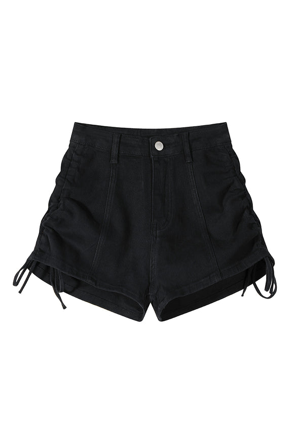 Shorts Denim Cintura Alta con Cordón y Pierna Ancha