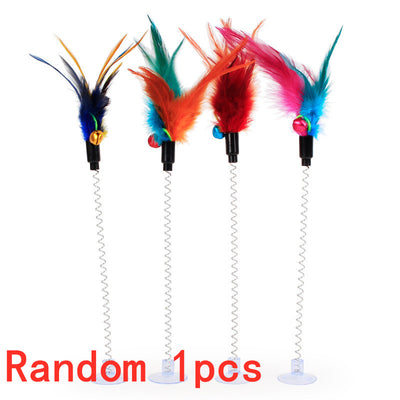 Colorful plush mouse cat toys with feathers, bells, and suction cup springs, designed for interactive play. - Image 16