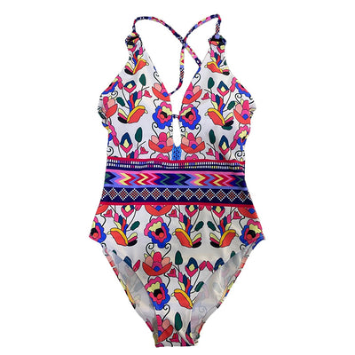Vibrant floral and geometric one-piece swimsuit with a V-neck, keyhole detail, and criss-cross back straps. - Image 10