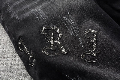 Jeans Rotos para Hombre con Parche Estampado de Flor de Marañón Negro - Image 7