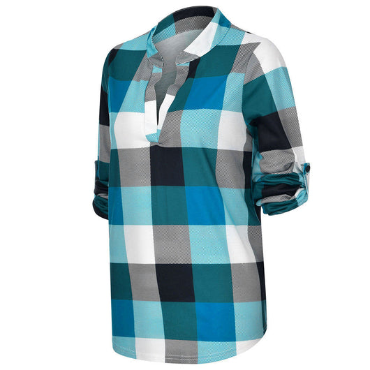 Camisa Casual de Cuadros con Escote en V y Mangas Largas - Image 30