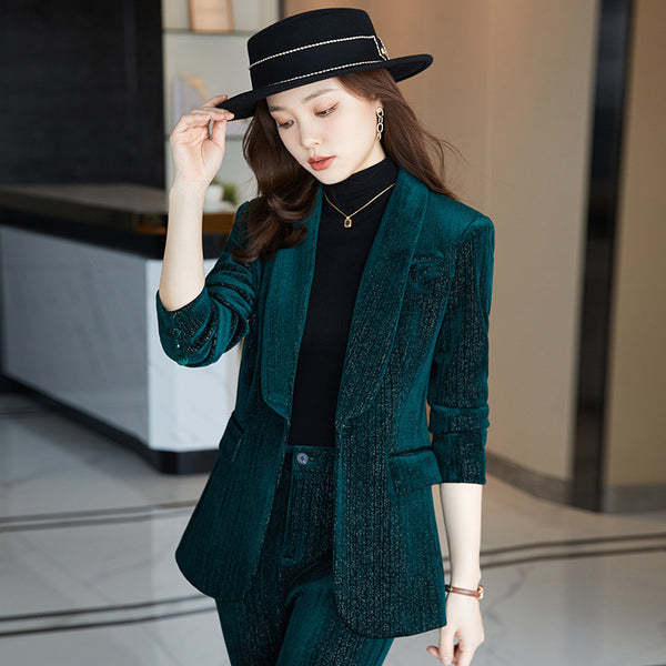 Conjunto Elegante de Terciopelo Dorado - Blusa Manga Corta y Pantalón