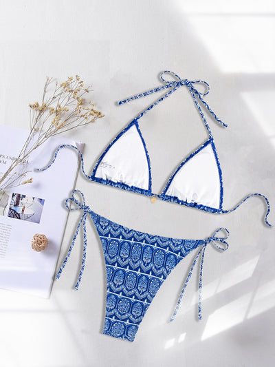 Red floral print triangle cup bikini set with matching bottom, featuring a small gold charm on the top. - Image 29