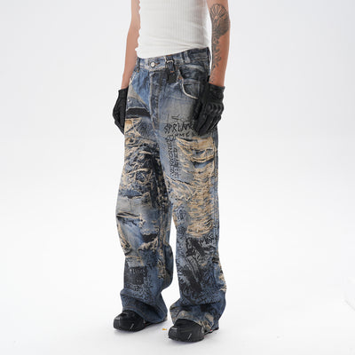 Pantalones Vaqueros Rectos con Estampado 3D Efecto Graffiti Rasgado - Image 9