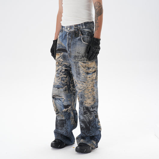 Pantalones Vaqueros Rectos con Estampado 3D Efecto Graffiti Rasgado - Image 9