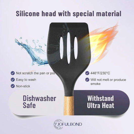 Silicone Cooking Utensils Set for Kitchen, Spoons Spatula Spatulas Accessories, Baking Heat Resistant Cookware De Home, Rubber New Apartment Decor, Plastic Nonstick Turner Tool (Black) - Tekeno