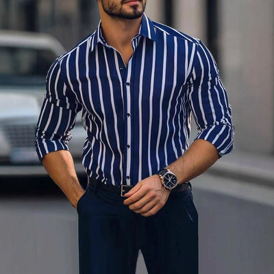 Camisa Casual de Manga Larga con Estampado a Rayas y Elasticidad Cuádruple para Hombre