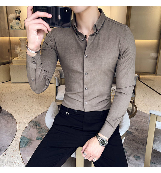 Camisa Manga Larga Estilo Gentleman Británico de Color Sólido - Image 30