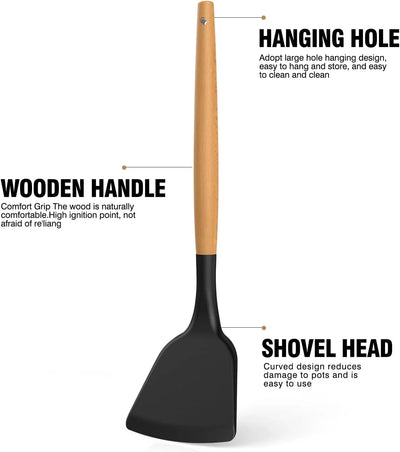 Silicone Cooking Utensils Set - Silicone Kitchen Utensils for Cooking Wooden Handles, 446°F Heat Resistant Kitchen Utensil Spatula Sets W Holder, Gadgets for Non-Stick Cookware BPA FREE (Black) - Tekeno