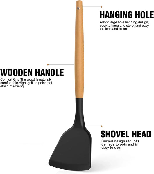 Silicone Cooking Utensils Set - Silicone Kitchen Utensils for Cooking Wooden Handles, 446°F Heat Resistant Kitchen Utensil Spatula Sets W Holder, Gadgets for Non-Stick Cookware BPA FREE (Black) - Tekeno