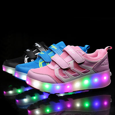 Blue and lime green girls' roller skates with light-up soles and retractable heel wheels. - Image 7